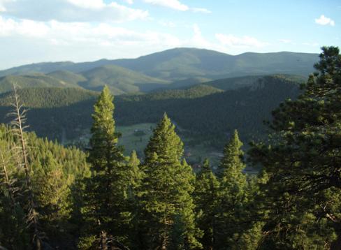 A scenic view of rolling mountains and a forest of tall evergreen trees under a clear blue sky, with soft clouds and distant peaks visible in the background. 3 Sisters / Alderfer mountain bike trail.