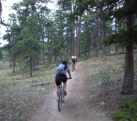 Two cyclists riding on a dirt trail through a forested area, surrounded by tall pine trees and grassy ground. The scene captures the essence of outdoor recreation and mountain biking. 3 Sisters / Alderfer mountain bike trail.