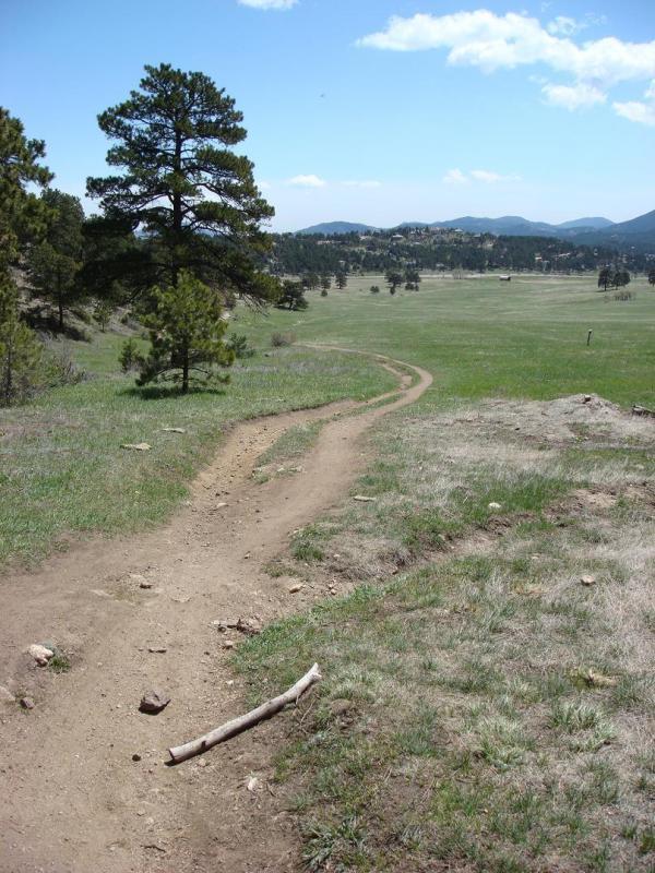 A winding dirt path leads through a grassy landscape, bordered by trees and rolling hills under a clear blue sky. Elk Meadow mountain bike trail.