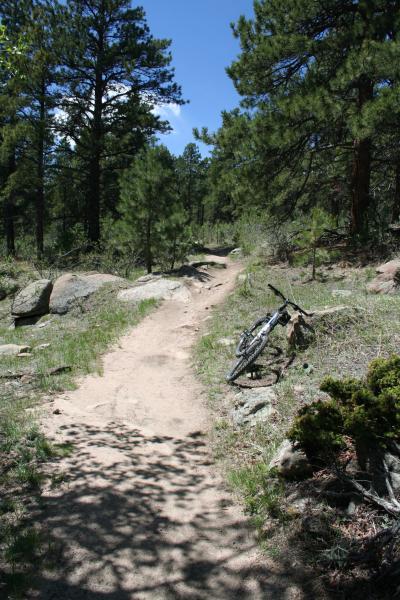 A dirt path winding through a forest, lined with trees and rocks. A bicycle is parked on the side of the trail, surrounded by grass and shrubs, under a clear blue sky. 3 Sisters / Alderfer mountain bike trail.