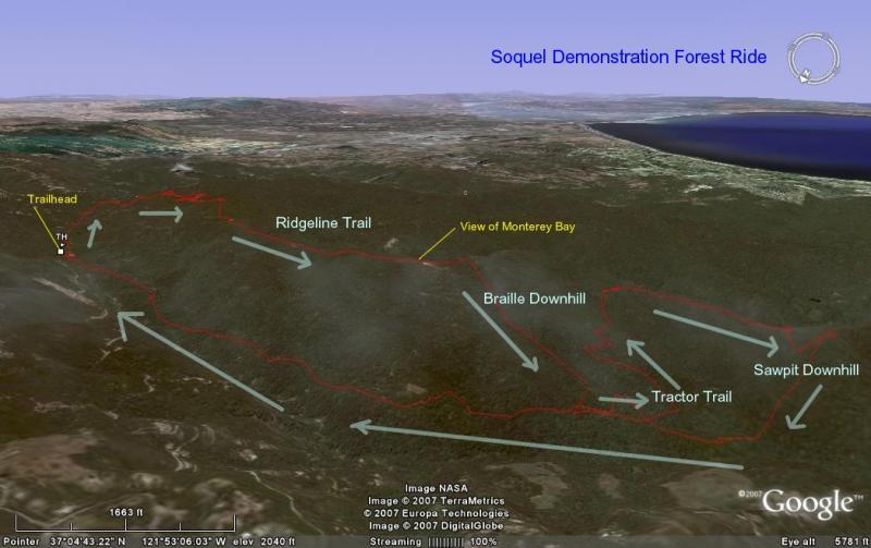 Alt text: A 3D map of the Soquel Demonstration Forest, featuring labeled trails including the Ridgeline Trail, Braille Downhill, Tractor Trail, and Sawpit Downhill. The trailhead is marked, and there is a view of Monterey Bay in the distance. The image is rendered using satellite data. Forest Of Nisene Marks and Soquel Demonstration Forest mountain bike trail.