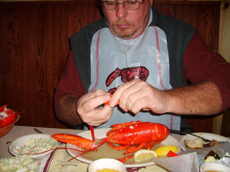 A man with glasses, wearing a bib, is focused on cracking open a cooked lobster at a dining table. Various seafood dishes, including coleslaw and lemon wedges, are visible on the table. Acadia Carriage Roads mountain bike trail.