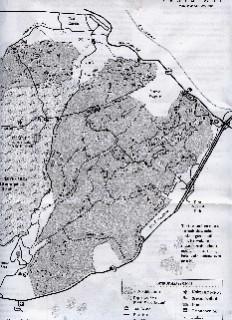 A historical black and white map depicting a geographical area, showing various land features, roads, and markings. The map includes labels and annotations in a text format, indicating additional details about the terrain and locations within the area. Fort Ord Public Lands mountain bike trail.