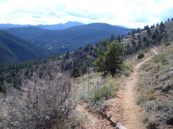A scenic view of a winding dirt trail surrounded by lush greenery and mountainous terrain. The trail leads through a landscape dotted with shrubs and trees, with distant mountains visible under a partly cloudy sky. Mount Falcon Park mountain bike trail.