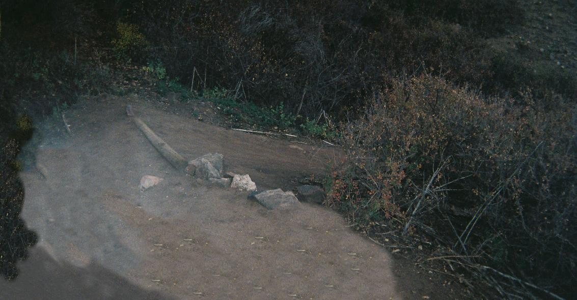 A rocky trail bordered by dry brush and low shrubs, with uneven terrain and a wooden log lying across the path. The setting suggests a natural, rugged outdoor environment. Mount Falcon Park mountain bike trail.