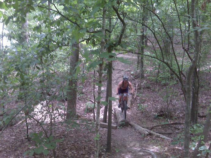 A person riding a mountain bike on a dirt trail surrounded by trees in a wooded area. The rider is airborne, having just jumped over a fallen log. The greenery of the forest provides a natural backdrop, with sunlight filtering through the leaves. Canal Loop mountain bike trail.