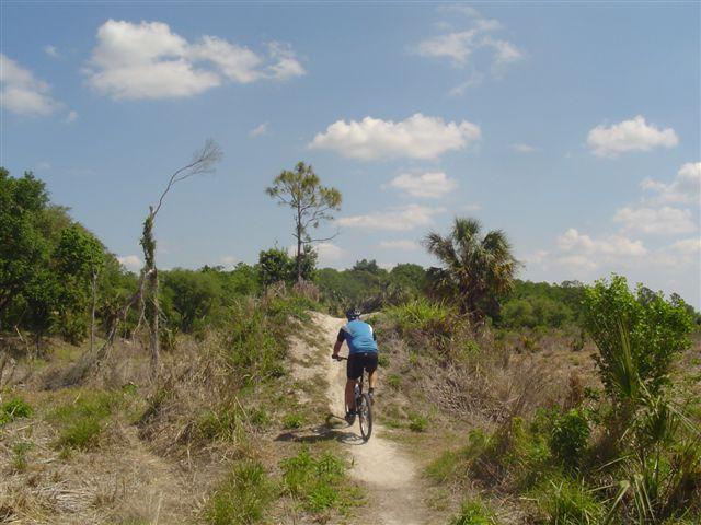 A cyclist riding along a dirt path through a natural landscape featuring green foliage, sparse trees, and a bright blue sky with fluffy white clouds. Caloosahatchee Regional Park mountain bike trail.