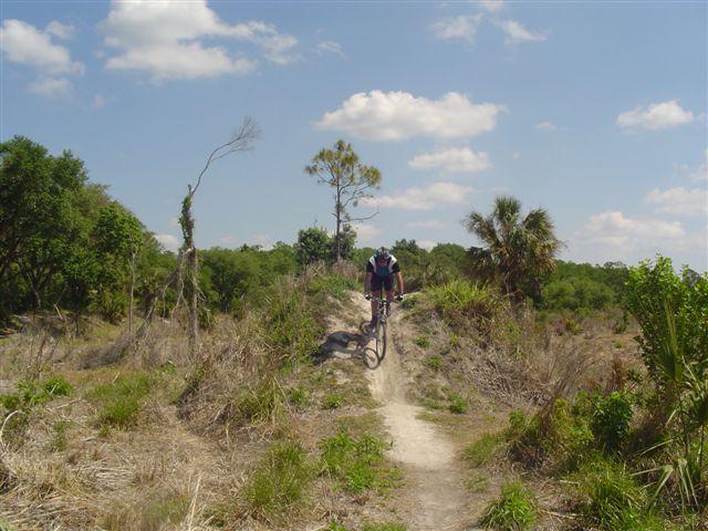 A mountain biker navigating a dirt trail surrounded by greenery under a clear blue sky with scattered clouds. The trail features a slight elevation, and the lush plants and trees in the background create a natural setting. Caloosahatchee Regional Park mountain bike trail.