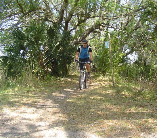 A cyclist riding a mountain bike along a dirt path surrounded by lush greenery and trees. The scene features tall palm-like plants and a wooden signpost along the trail. Sunlight filters through the foliage, creating a bright and inviting atmosphere for outdoor activities. Caloosahatchee Regional Park mountain bike trail.