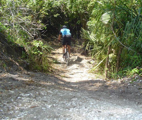 A mountain biker riding up a rocky dirt trail surrounded by lush greenery and tropical plants. The path leads into a shaded area under trees. Caloosahatchee Regional Park mountain bike trail.