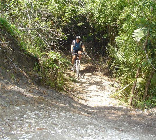 A cyclist riding down a rocky trail surrounded by dense greenery and trees, with sunlight filtering through the leaves. The path is uneven and leads into a shaded area. Caloosahatchee Regional Park mountain bike trail.