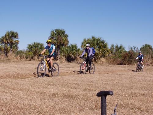 Three people riding mountain bikes through a grassy area with sparse vegetation and palm trees in the background. The riders are wearing helmets and varying outdoor attire, under a clear blue sky. Caloosahatchee Regional Park mountain bike trail.