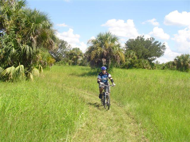 A person riding a mountain bike along a grassy trail surrounded by tall, green vegetation and palm trees under a partly cloudy sky. Caloosahatchee Regional Park mountain bike trail.