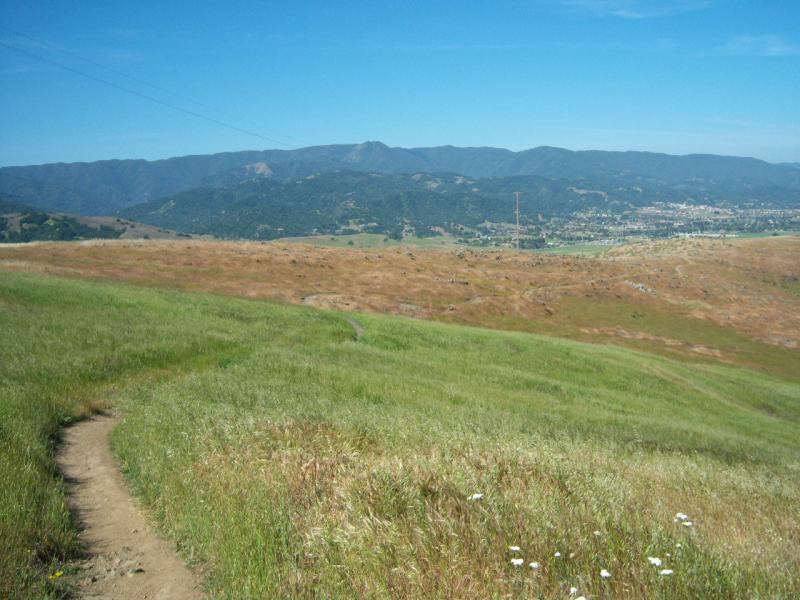 A scenic landscape featuring rolling hills covered in green grass and patches of dried grass, with a dirt trail winding through the foreground. In the background, mountains rise against a clear blue sky, and a small town is visible in the valley below. Santa Teresa Park mountain bike trail.