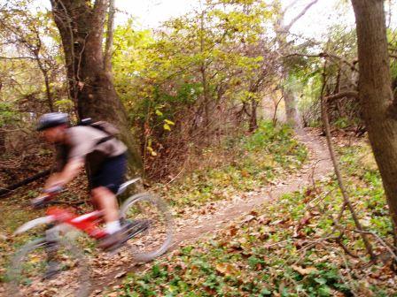 A person riding a mountain bike on a winding trail through a wooded area, surrounded by greenery and fallen leaves. The image is slightly blurred, capturing the motion of the cyclist. Town Run Trail Park mountain bike trail.