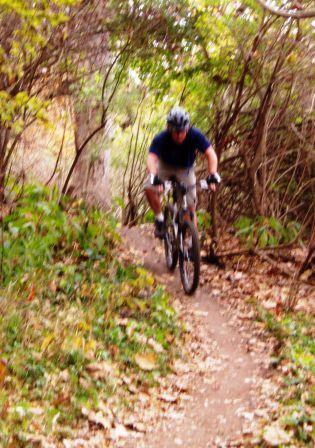 A mountain biker navigating a narrow dirt trail surrounded by greenery and autumn leaves. Town Run Trail Park mountain bike trail.