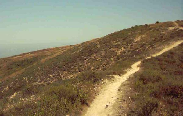 A winding dirt path leading up a gently sloping hill, surrounded by dry grass and sparse vegetation under a clear sky. Montana De Oro mountain bike trail.