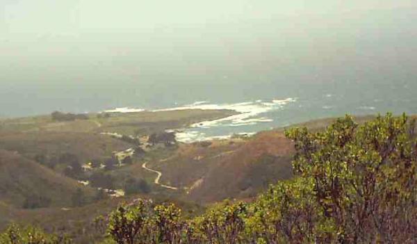 A scenic view of a coastal landscape featuring rolling hills, a winding road, and the ocean with gentle waves. Lush green vegetation in the foreground contrasts with the blue water and a hazy sky in the background. Montana De Oro mountain bike trail.