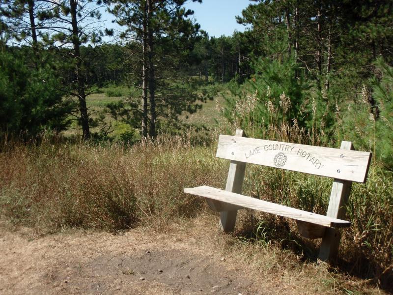 A wooden bench with the inscription "Lake Country Rotary" is situated in a grassy area surrounded by tall trees and a clear blue sky, providing a peaceful view of the natural landscape. John Muir Trails mountain bike trail.