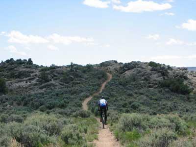 A mountain biker riding along a dirt path through a hilly, grassy landscape under a partly cloudy sky. Hartman Rocks mountain bike trail.