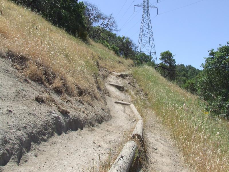 A dirt hiking trail ascending a grassy hillside, flanked by trees, with a power line tower visible in the background under a clear blue sky. Rockville Park mountain bike trail.