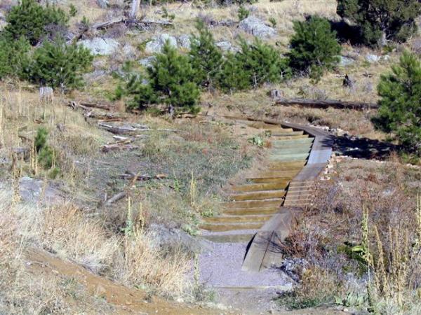 A winding pathway with wooden steps surrounded by dry grass and small shrubs, leading through a natural landscape with sparse trees and rocky terrain. White Ranch mountain bike trail.