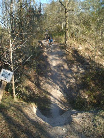 A mountain biker descending a dirt trail surrounded by trees and vegetation. A sign indicating the trail name is visible on the left, while the path is sandy and winding downwards. The scene captures the natural landscape and the thrill of biking in an outdoor setting. Alafia River State Park mountain bike trail.