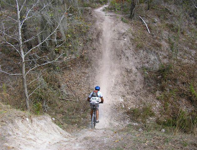 A cyclist wearing a blue helmet rides up a dirt path on a mountain bike, surrounded by sparse trees and dry vegetation. The trail is steep and winding, leading into a wooded area in the background. Alafia River State Park mountain bike trail.