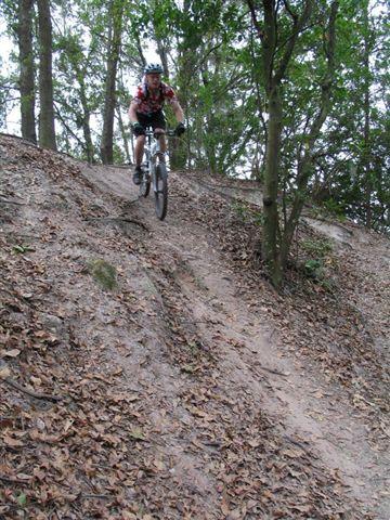 A mountain biker descending a steep, dirt hillside surrounded by trees and scattered leaves. The rider is wearing a helmet and brightly colored clothing, demonstrating an adventurous outdoor activity. Alafia River State Park mountain bike trail.