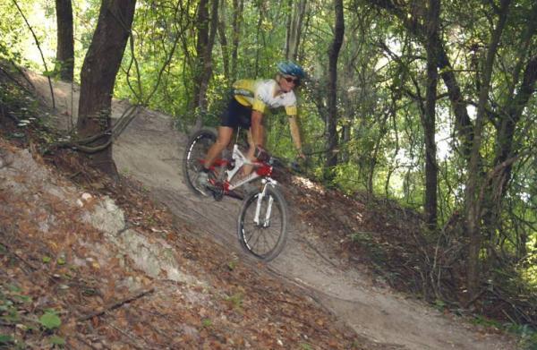 A mountain biker navigating a steep dirt trail surrounded by dense forest. The cyclist is in motion, wearing a helmet and a colorful jersey, as they maneuver through the natural terrain. Sunlight filters through the trees, highlighting the earthy colors of the path. Alafia River State Park mountain bike trail.