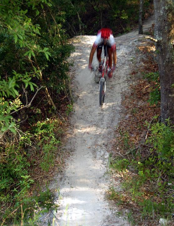 A mountain biker rides on a sandy trail surrounded by trees, showcasing a sense of motion and excitement. The biker is partially blurred, indicating speed as they navigate the winding path. Alafia River State Park mountain bike trail.
