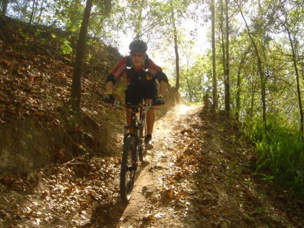 A mountain biker navigating a narrow dirt trail surrounded by trees in a sunlit forest. The rider is wearing a helmet and cycling gear while ascending a slope covered with fallen leaves. Alafia River State Park mountain bike trail.