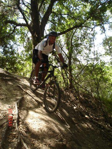 A person biking down a rugged trail surrounded by trees, navigating over roots and uneven terrain. The rider is wearing a helmet and a backpack, demonstrating an action-packed moment in mountain biking. Alafia River State Park mountain bike trail.