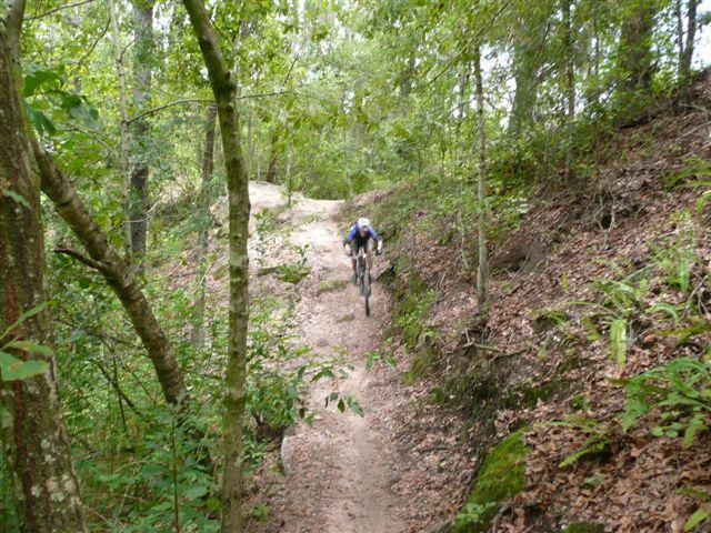 A mountain biker navigating a dirt trail surrounded by trees and greenery. The path includes uneven terrain with rocks and foliage, showcasing a rugged outdoor environment ideal for biking. Alafia River State Park mountain bike trail.