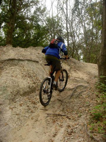 A mountain biker ascending a steep, dirt trail surrounded by trees, wearing a helmet and a blue jersey with a backpack. The rugged terrain features loose soil and roots, indicating an adventurous outdoor setting. Alafia River State Park mountain bike trail.