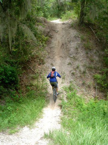 A person riding a mountain bike on a dirt trail through a wooded area, navigating a steep ascent. The surrounding vegetation includes green grass and trees, creating a natural outdoor setting. Alafia River State Park mountain bike trail.