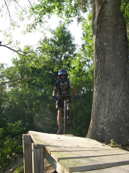 A mountain biker riding along a wooden ramp in a forested area, surrounded by lush green trees and sunlight filtering through the leaves. The rider is wearing a helmet and biking gear, poised on the bike as they navigate the trail. Alafia River State Park mountain bike trail.