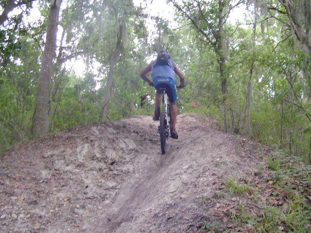 A person riding a mountain bike uphill on a dirt trail surrounded by trees and vegetation. Alafia River State Park mountain bike trail.
