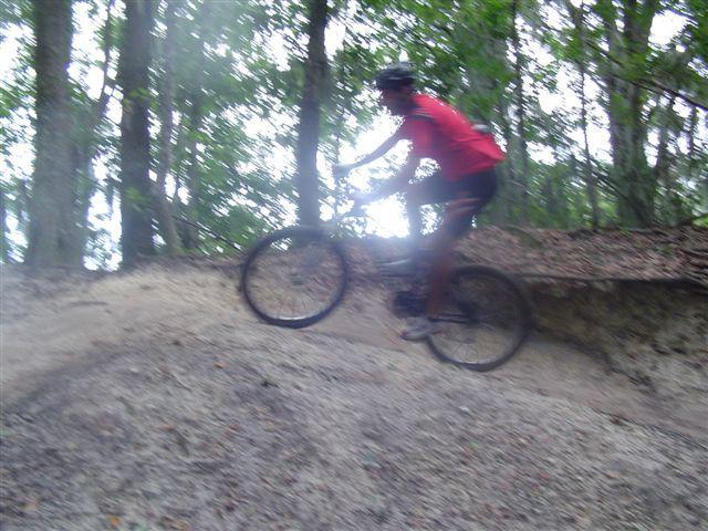A mountain biker in a red shirt and helmet is mid-jump on a dirt trail, surrounded by trees in a forested area. The biker is navigating a sandy incline, showcasing dynamic movement and adventure in nature. Alafia River State Park mountain bike trail.