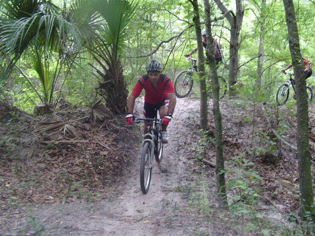 A mountain biker in a red shirt navigates a sandy trail surrounded by lush green trees and underbrush, while another cyclist follows on a similar path in the background. Alafia River State Park mountain bike trail.
