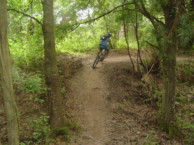 A mountain biker riding down a dirt trail surrounded by lush greenery and trees. The path curves gently, showcasing the natural landscape of the area. Alafia River State Park mountain bike trail.