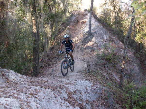 A mountain biker navigating a narrow dirt trail through a wooded area, surrounded by trees and hanging moss, with a hill in the background. Alafia River State Park mountain bike trail.