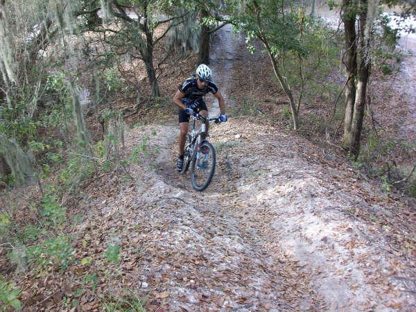 A mountain biker climbing a sandy trail through a wooded area, surrounded by trees and foliage, with a few fallen leaves scattered on the ground. The cyclist is wearing a helmet and a biking outfit, demonstrating an active outdoor sport. Alafia River State Park mountain bike trail.