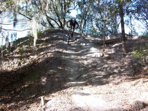 A mountain biker descending a sandy hill on a nature trail, surrounded by trees and dappled sunlight filtering through the foliage. Alafia River State Park mountain bike trail.