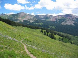 A scenic view of lush green hills leading to a range of mountains under a partly cloudy blue sky. A winding dirt path stretches through the grassy landscape. Trail 401 mountain bike trail.