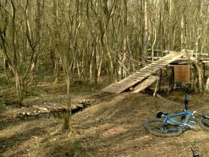 A wooden bridge spans a small creek in a wooded area, surrounded by trees. A blue bicycle is positioned on the ground nearby. The setting appears to be a natural outdoor space, suitable for biking or hiking. The Weasel Trails North Shore mountain bike trail.