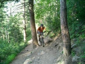 A mountain biker navigating a rocky trail surrounded by trees in a lush green forest. Chimney Gulch mountain bike trail.