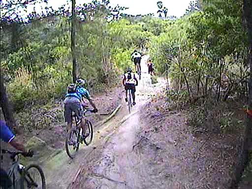 A group of mountain bikers riding along a narrow trail in a wooded area, surrounded by lush greenery and trees. The path is slightly rough, indicating a challenging terrain, with several cyclists navigating their way up the incline. Amelia Earhart Park mountain bike trail.