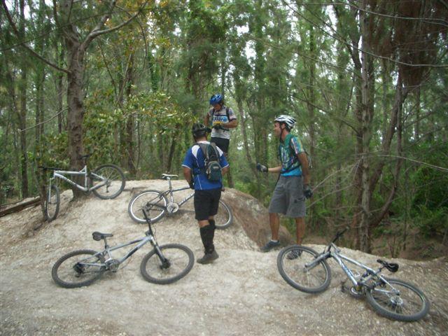A group of four mountain bikers gathered in a wooded area, standing near their bikes on a dirt mound. The cyclists are wearing helmets and casual athletic clothing, engaged in conversation amidst a background of trees and greenery. Several bikes are leaning against the ground, showcasing varied designs. Amelia Earhart Park mountain bike trail.