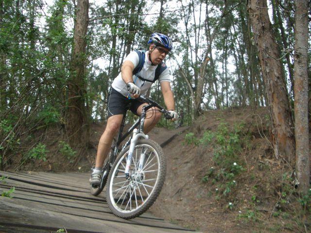 A person riding a mountain bike down a wooden ramp in a forested area, surrounded by trees and greenery. The cyclist is wearing a helmet and sports attire, focusing on navigating the terrain. Amelia Earhart Park mountain bike trail.